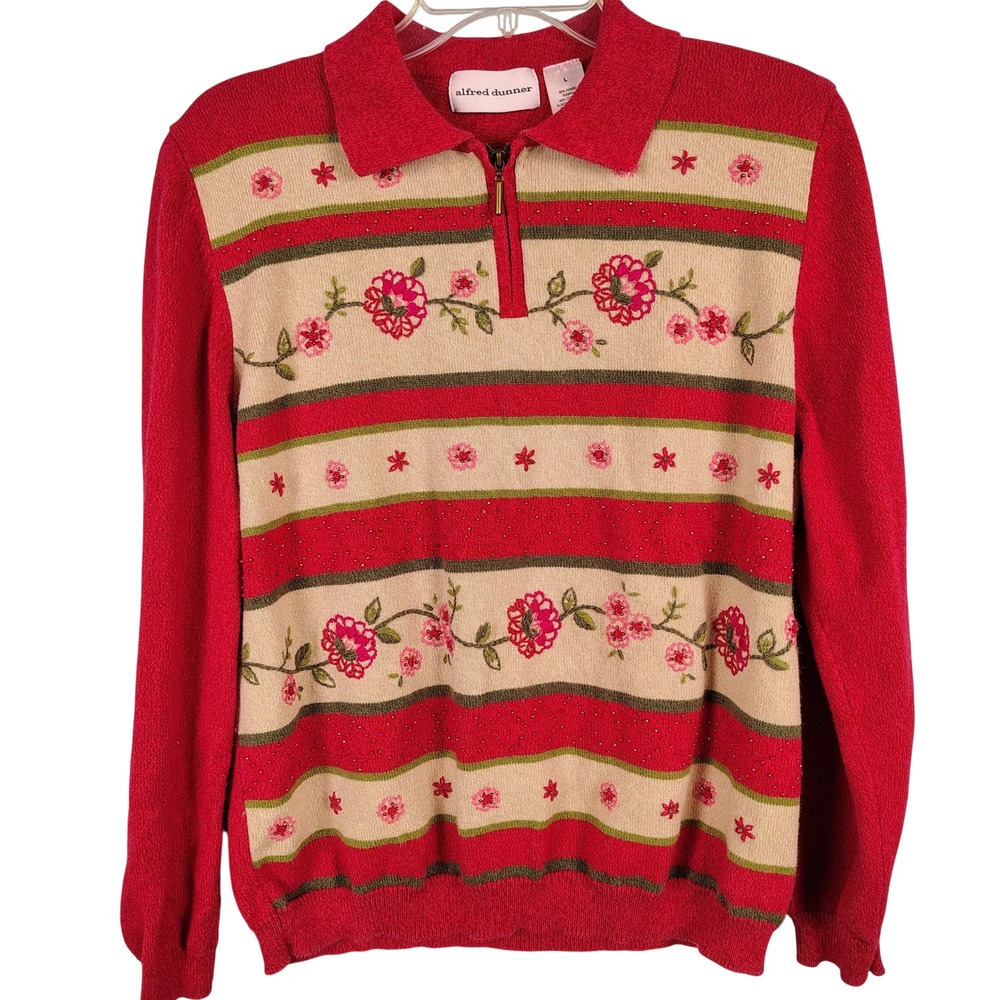 Alfred Dunner Womens L Floral Embroidered Beaded Zip Sweater Red Grandmacore
